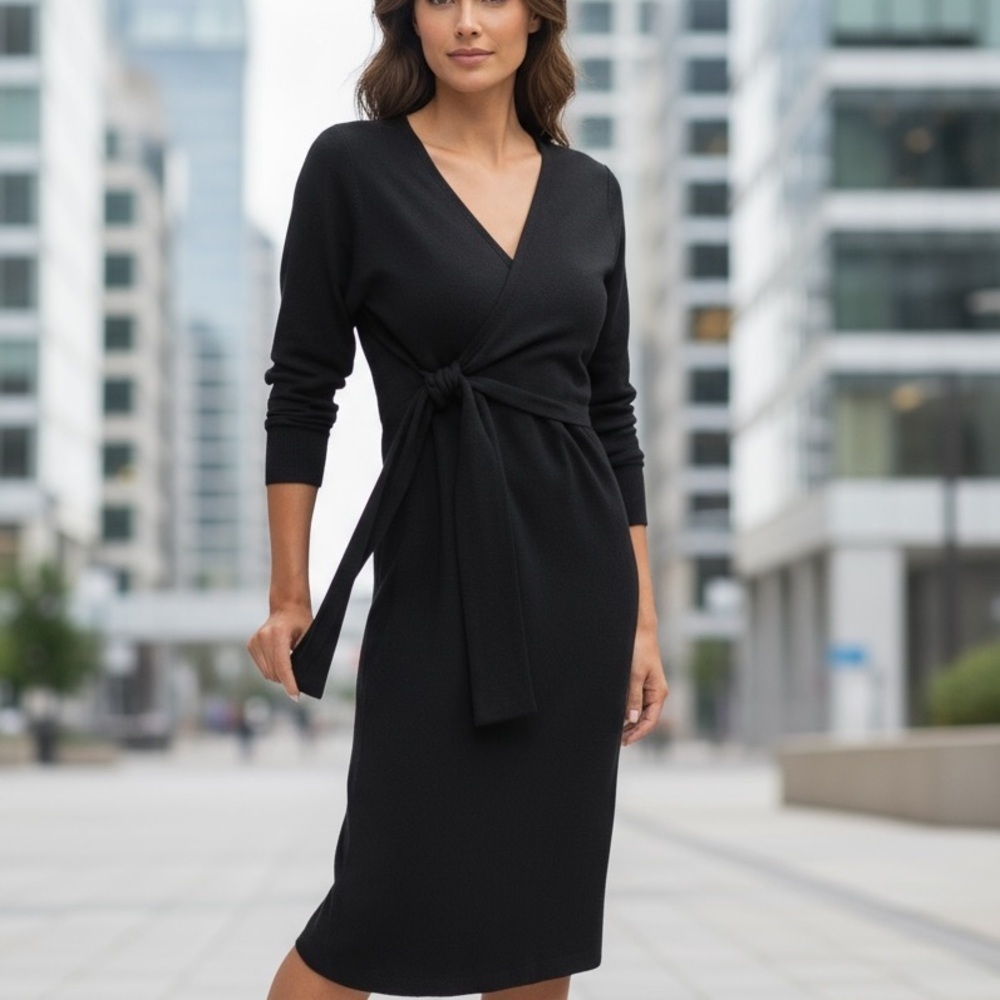 Amour Vert Louanne Terry Midi, Tie Waist Black Dress, New With Tags